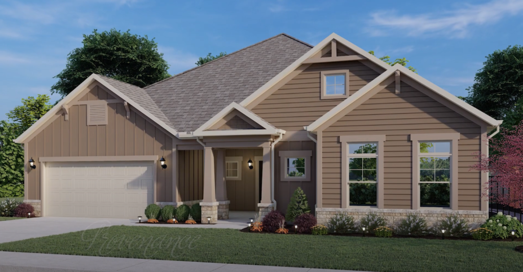 A blue house with a garage, named Provenance, designed by New Leaf Homes, showcasing modern architecture.